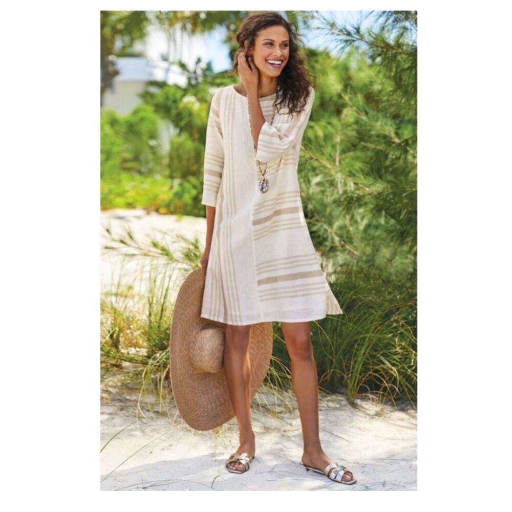 Soft Surroundings Breezy Striped 3/4 Sleeve Short Dress Linen Blend Sz L